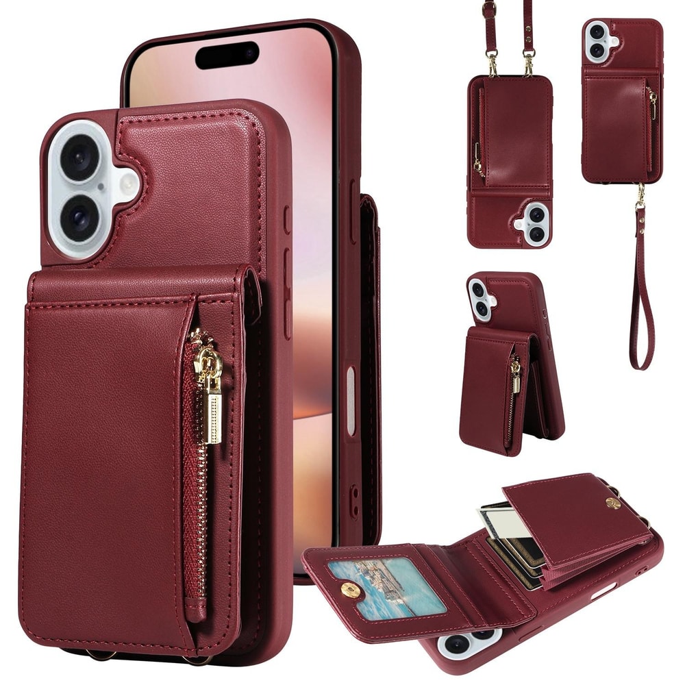 Leather Crossbody iPhone Wallet Case with Zipper Pocket & Lanyard Strap