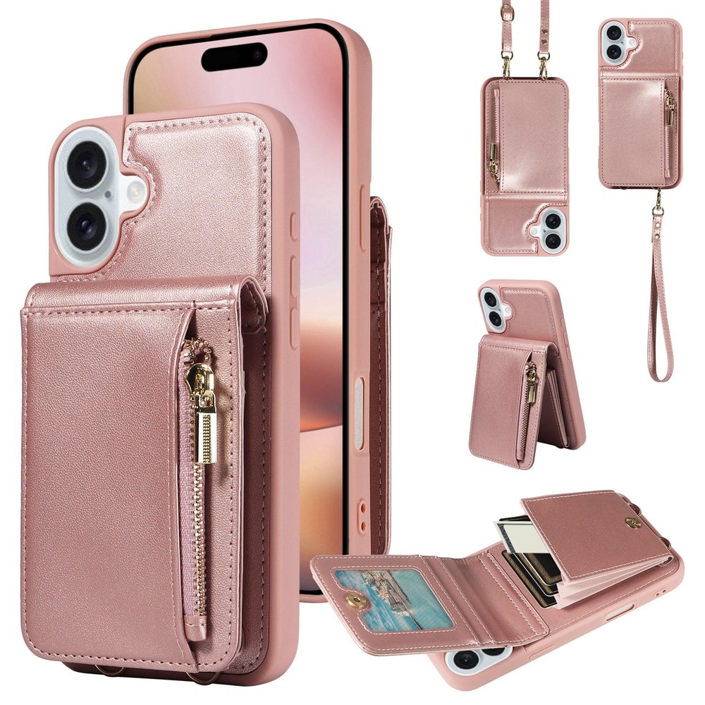 Leather Crossbody iPhone Wallet Case with Zipper Pocket & Lanyard Strap