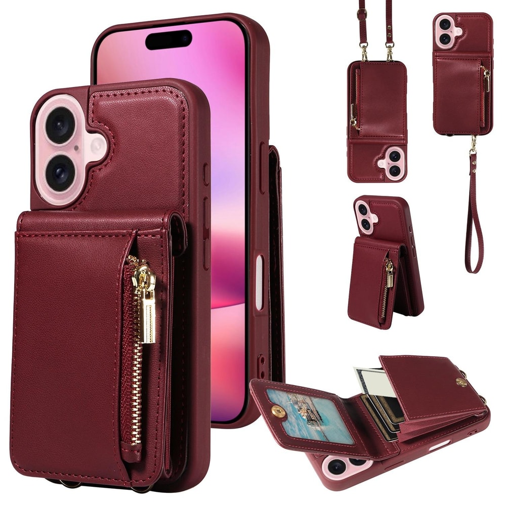 Leather Crossbody iPhone Wallet Case with Zipper Pocket & Lanyard Strap