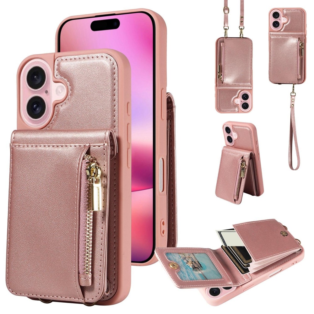 Leather Crossbody iPhone Wallet Case with Zipper Pocket & Lanyard Strap