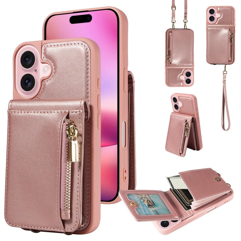 Leather Crossbody iPhone Wallet Case with Zipper Pocket & Lanyard Strap