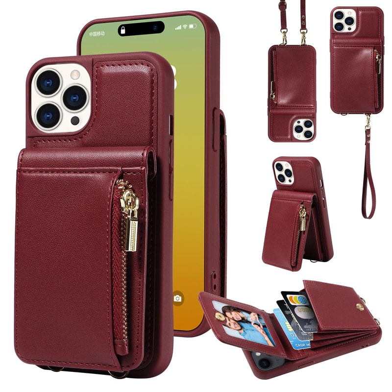 Leather Crossbody iPhone Wallet Case with Zipper Pocket & Lanyard Strap