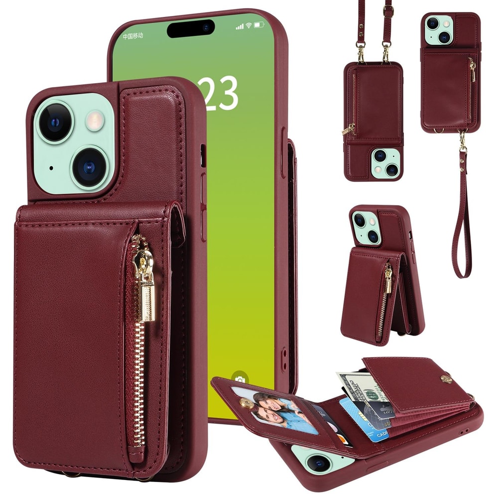 Leather Crossbody iPhone Wallet Case with Zipper Pocket & Lanyard Strap