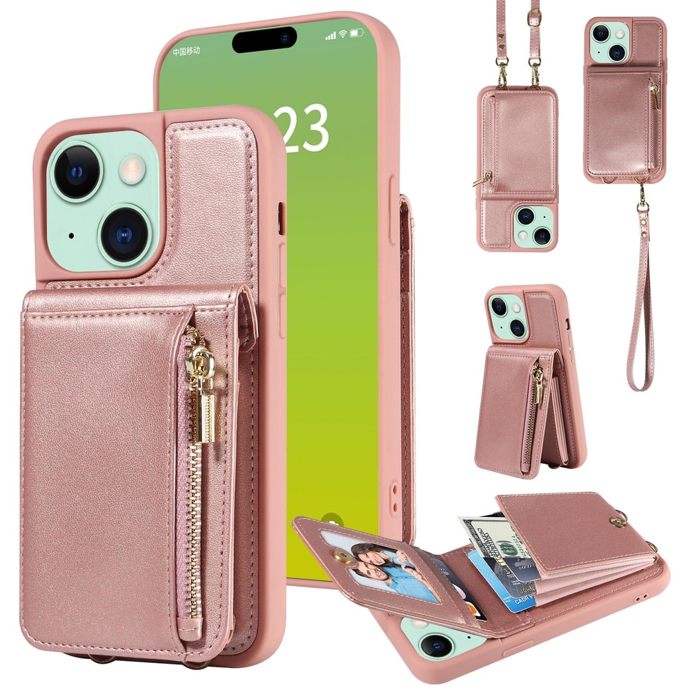Leather Crossbody iPhone Wallet Case with Zipper Pocket & Lanyard Strap