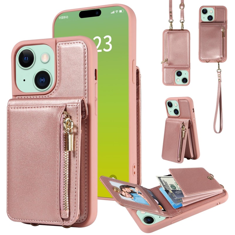 Leather Crossbody iPhone Wallet Case with Zipper Pocket & Lanyard Strap