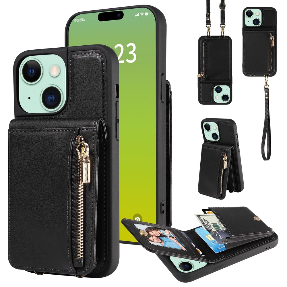 Leather Crossbody iPhone Wallet Case with Zipper Pocket & Lanyard Strap