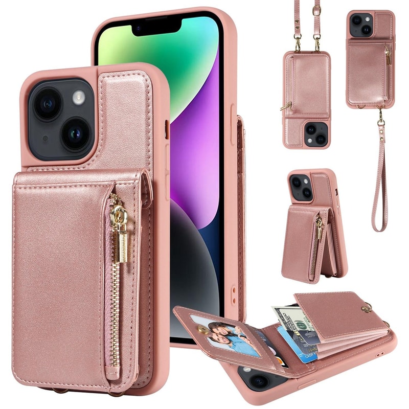Leather Crossbody iPhone Wallet Case with Zipper Pocket & Lanyard Strap