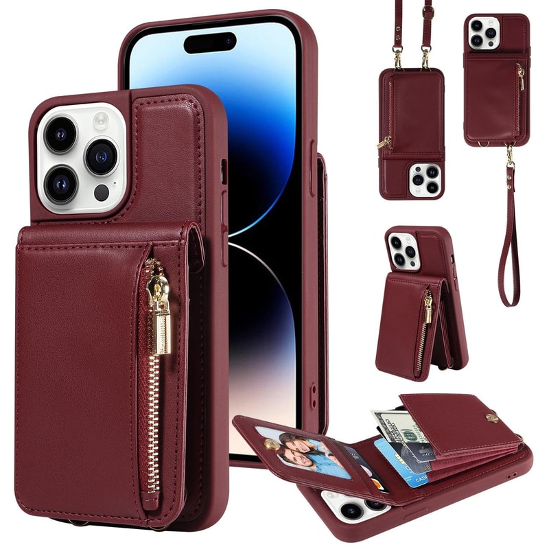 Leather Crossbody iPhone Wallet Case with Zipper Pocket & Lanyard Strap