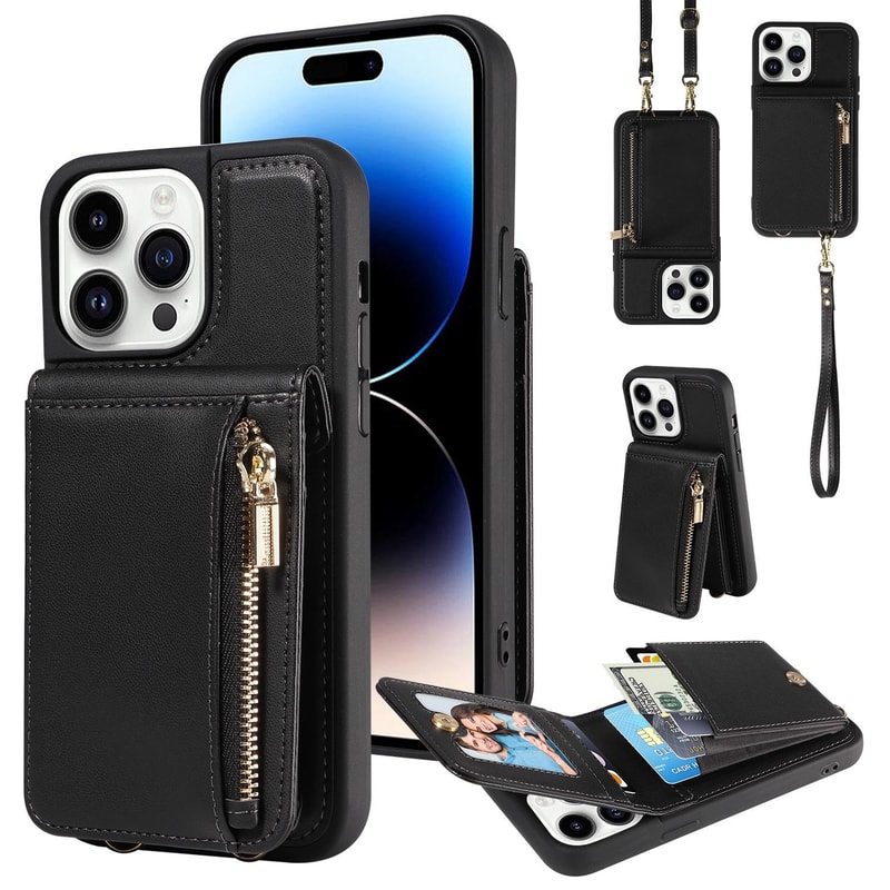 Leather Crossbody iPhone Wallet Case with Zipper Pocket & Lanyard Strap