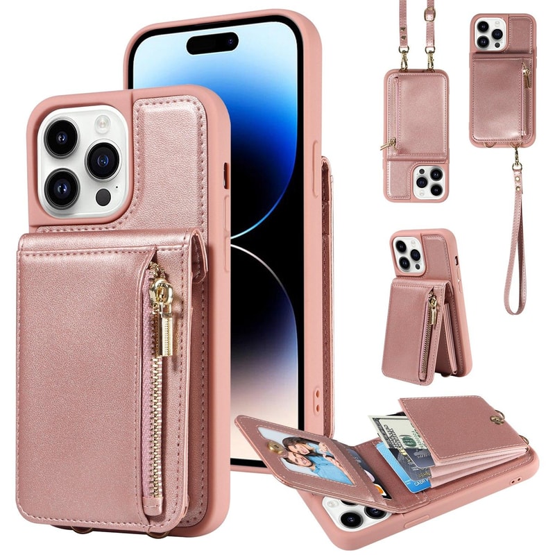 Leather Crossbody iPhone Wallet Case with Zipper Pocket & Lanyard Strap