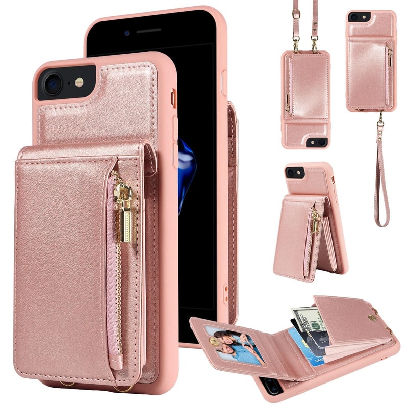 Leather Crossbody iPhone Wallet Case with Zipper Pocket & Lanyard Strap