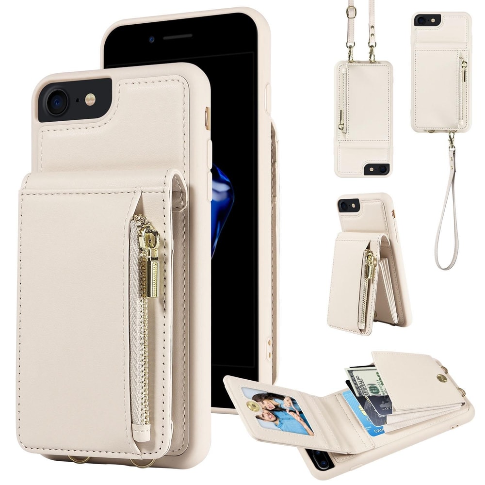 Leather Crossbody iPhone Wallet Case with Zipper Pocket & Lanyard Strap