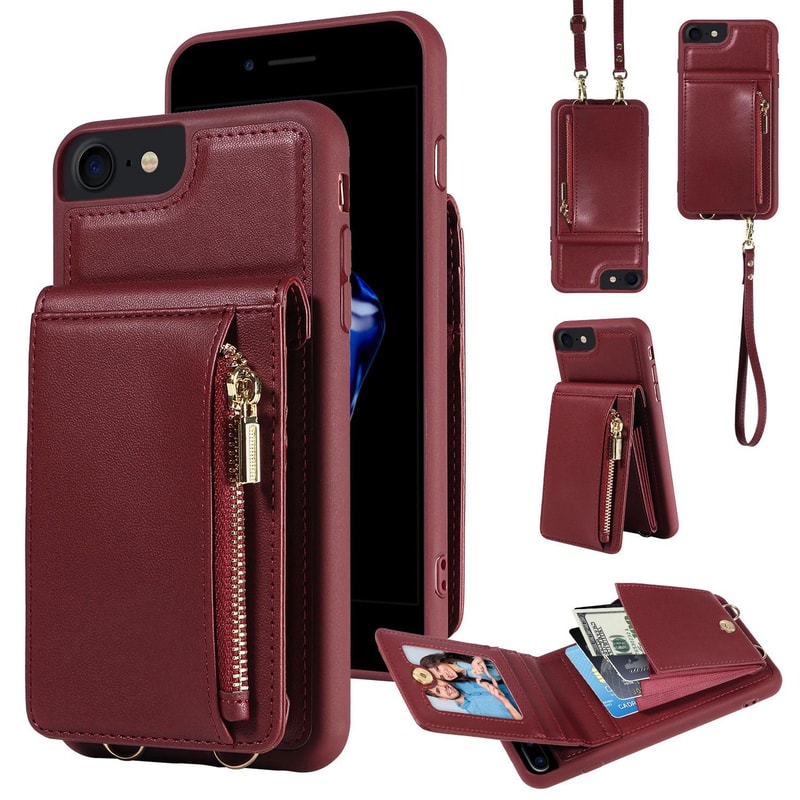 Leather Crossbody iPhone Wallet Case with Zipper Pocket & Lanyard Strap