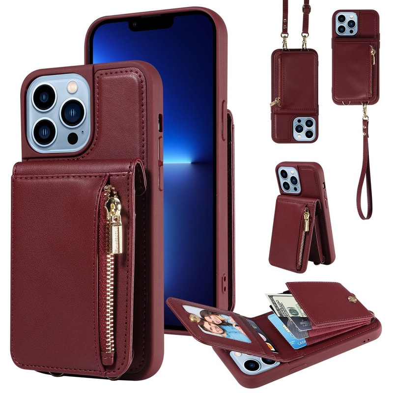 Leather Crossbody iPhone Wallet Case with Zipper Pocket & Lanyard Strap