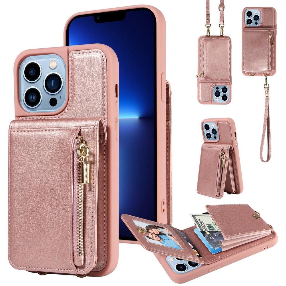 Leather Crossbody iPhone Wallet Case with Zipper Pocket & Lanyard Strap