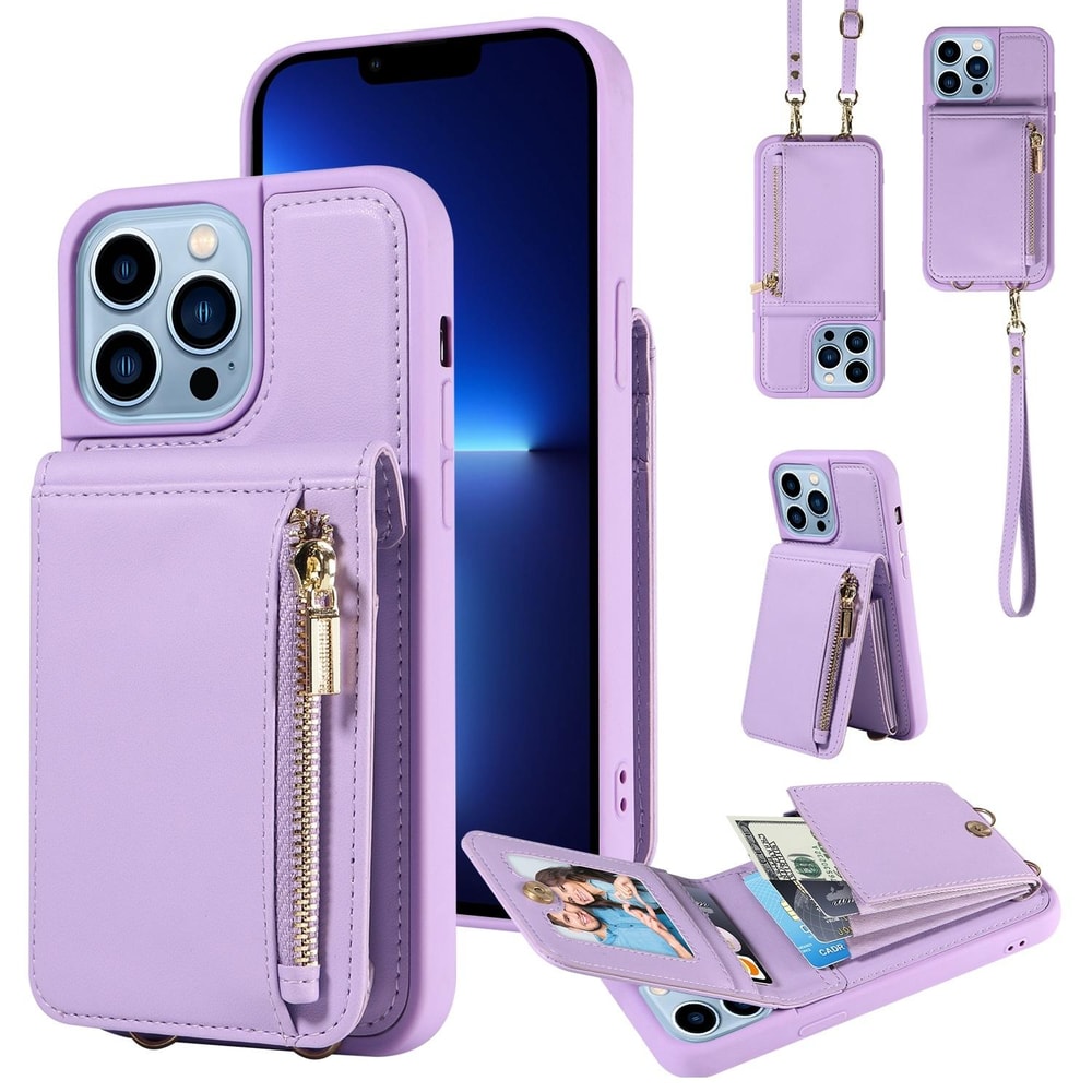Leather Crossbody iPhone Wallet Case with Zipper Pocket & Lanyard Strap