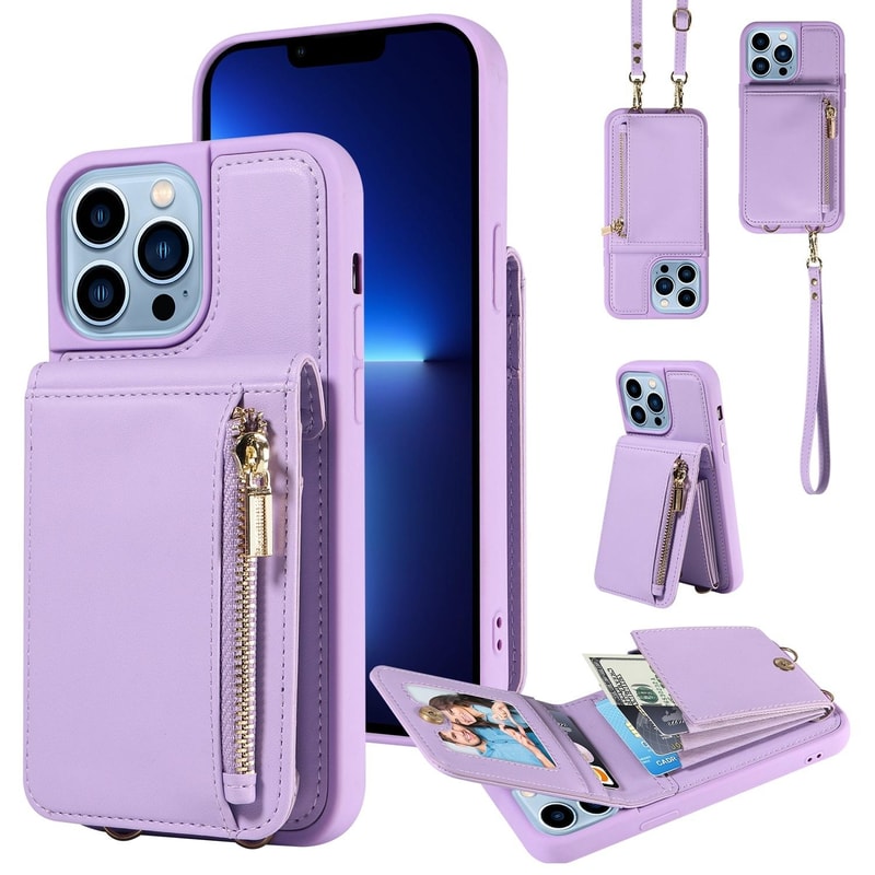Leather Crossbody iPhone Wallet Case with Zipper Pocket & Lanyard Strap