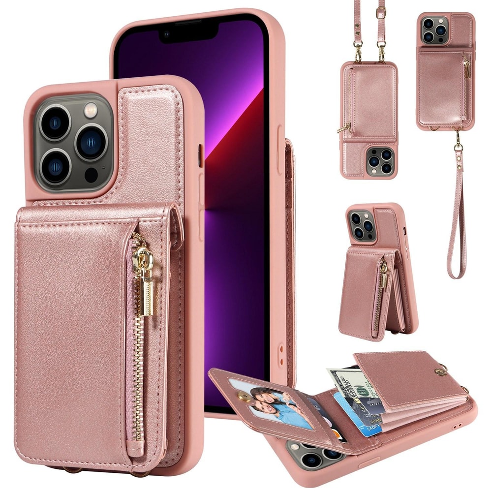 Leather Crossbody iPhone Wallet Case with Zipper Pocket & Lanyard Strap