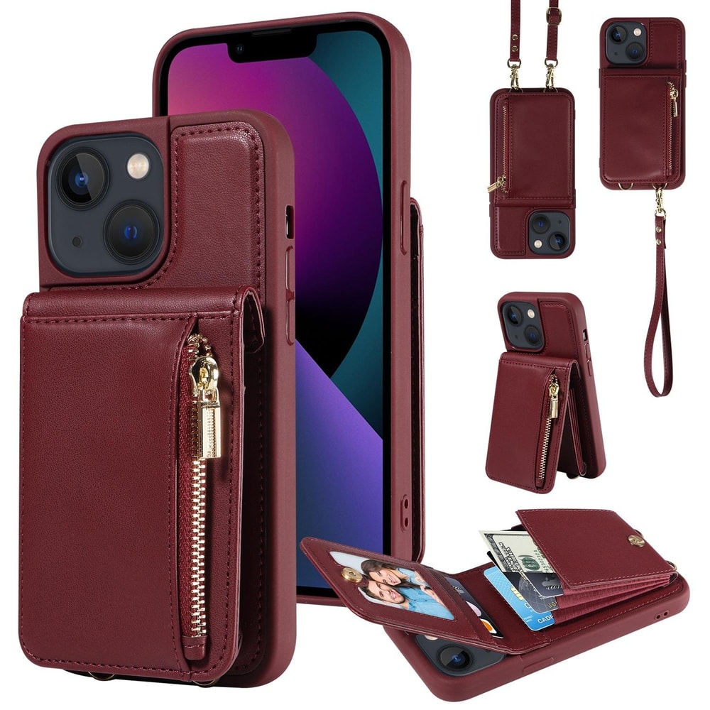 Leather Crossbody iPhone Wallet Case with Zipper Pocket & Lanyard Strap