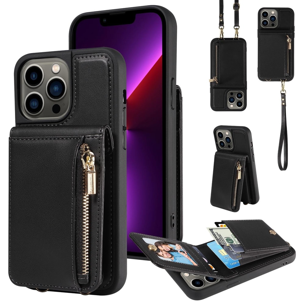 Leather Crossbody iPhone Wallet Case with Zipper Pocket & Lanyard Strap