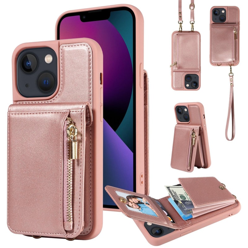 Leather Crossbody iPhone Wallet Case with Zipper Pocket & Lanyard Strap