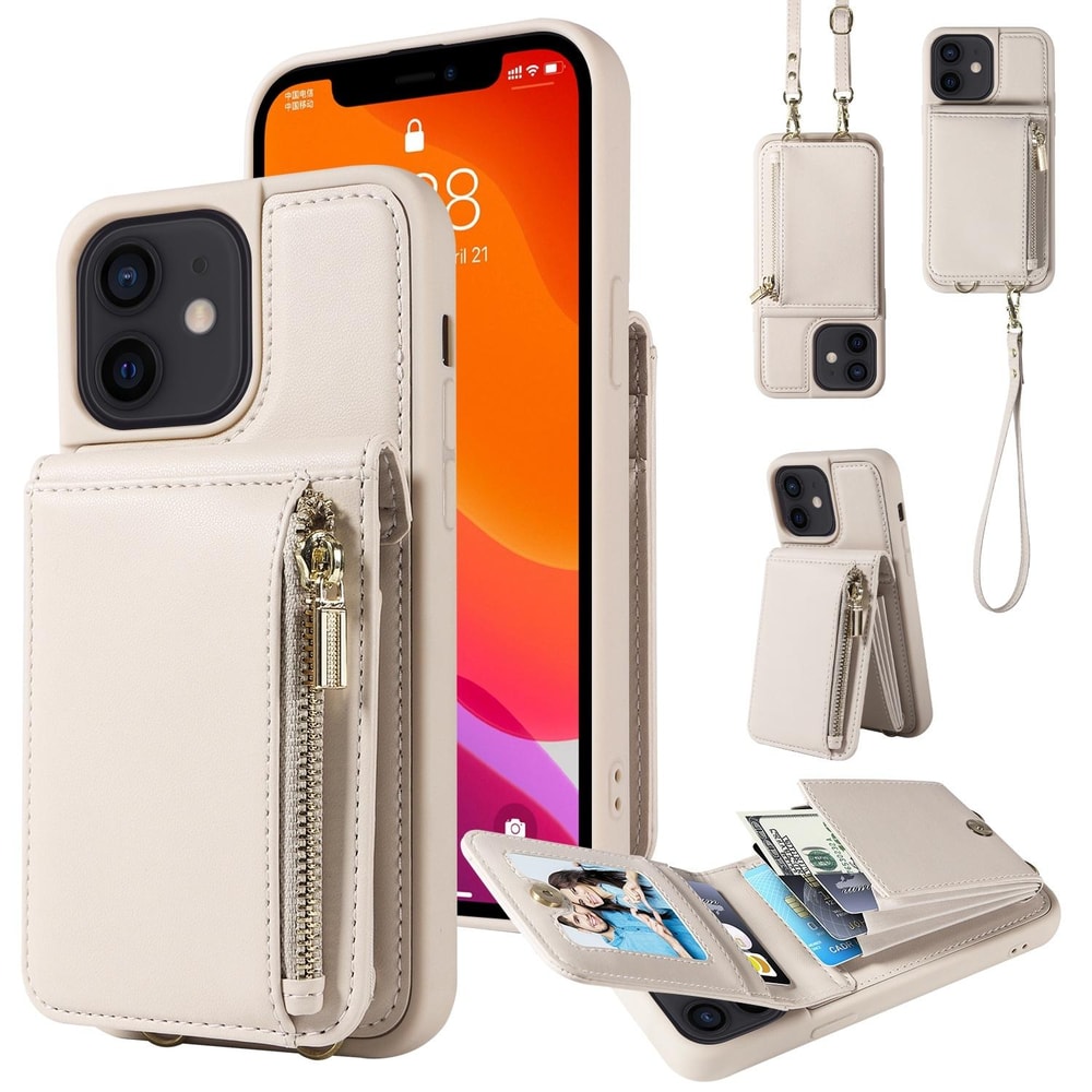 Leather Crossbody iPhone Wallet Case with Zipper Pocket & Lanyard Strap
