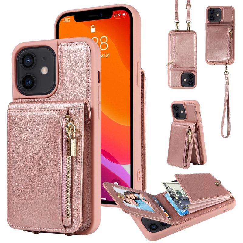 Leather Crossbody iPhone Wallet Case with Zipper Pocket & Lanyard Strap