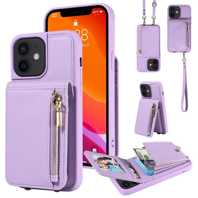 Leather Crossbody iPhone Wallet Case with Zipper Pocket & Lanyard Strap