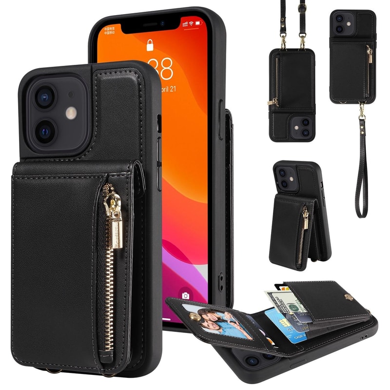 Leather Crossbody iPhone Wallet Case with Zipper Pocket & Lanyard Strap