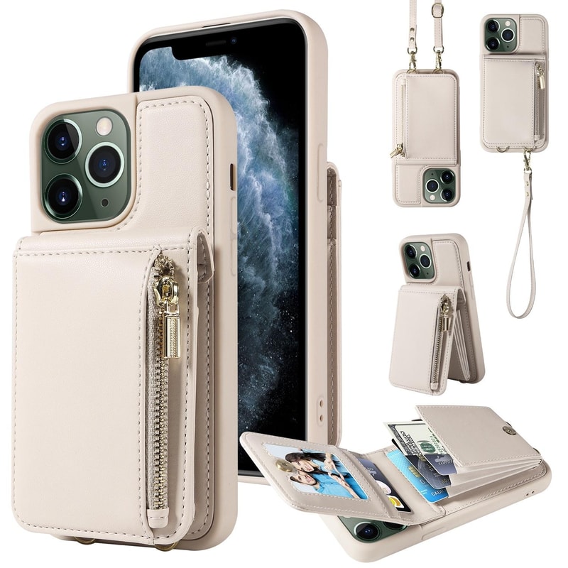 Leather Crossbody iPhone Wallet Case with Zipper Pocket & Lanyard Strap