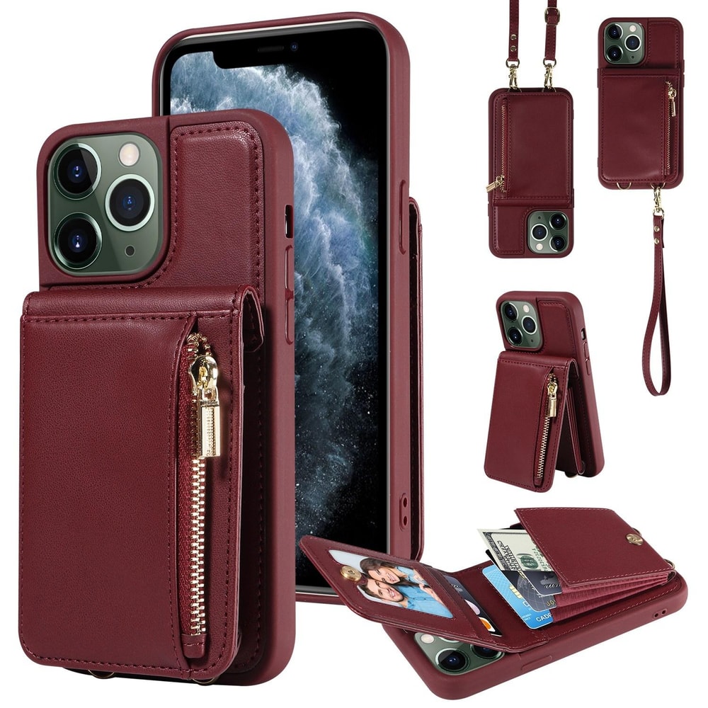 Leather Crossbody iPhone Wallet Case with Zipper Pocket & Lanyard Strap