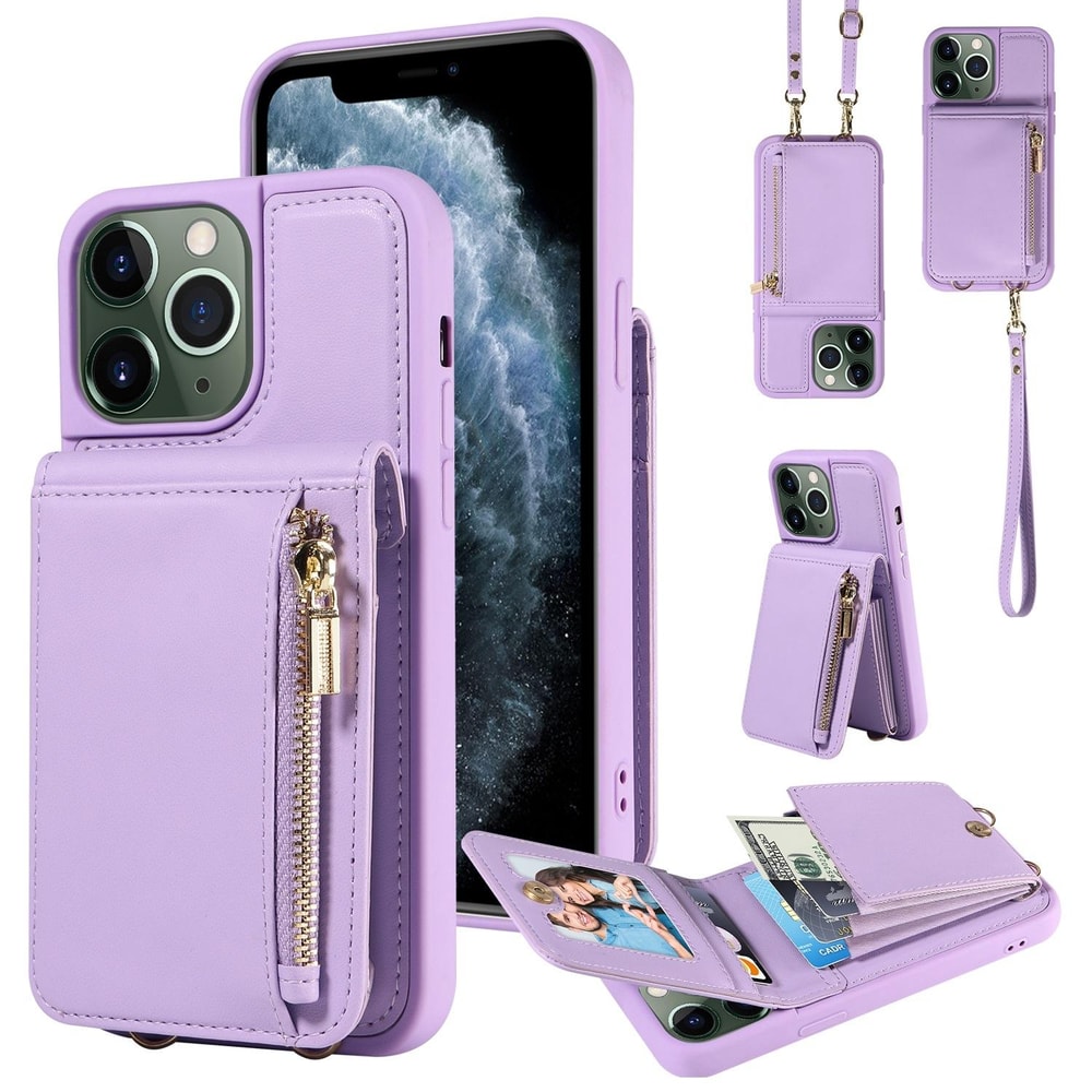 Leather Crossbody iPhone Wallet Case with Zipper Pocket & Lanyard Strap