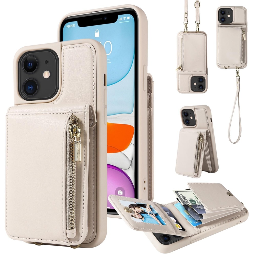 Leather Crossbody iPhone Wallet Case with Zipper Pocket & Lanyard Strap