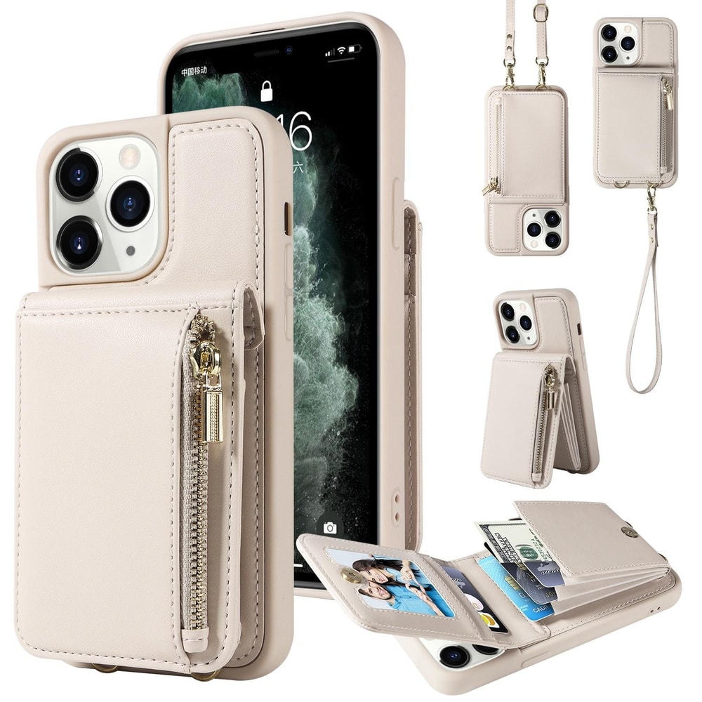 Leather Crossbody iPhone Wallet Case with Zipper Pocket & Lanyard Strap