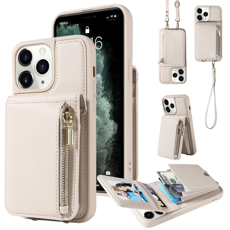 Leather Crossbody iPhone Wallet Case with Zipper Pocket & Lanyard Strap