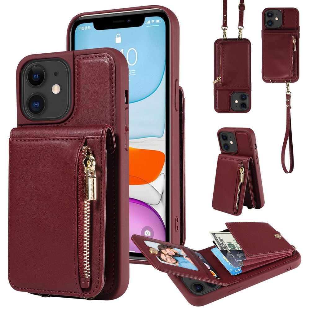 Leather Crossbody iPhone Wallet Case with Zipper Pocket & Lanyard Strap