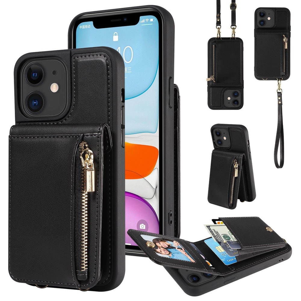 Leather Crossbody iPhone Wallet Case with Zipper Pocket & Lanyard Strap