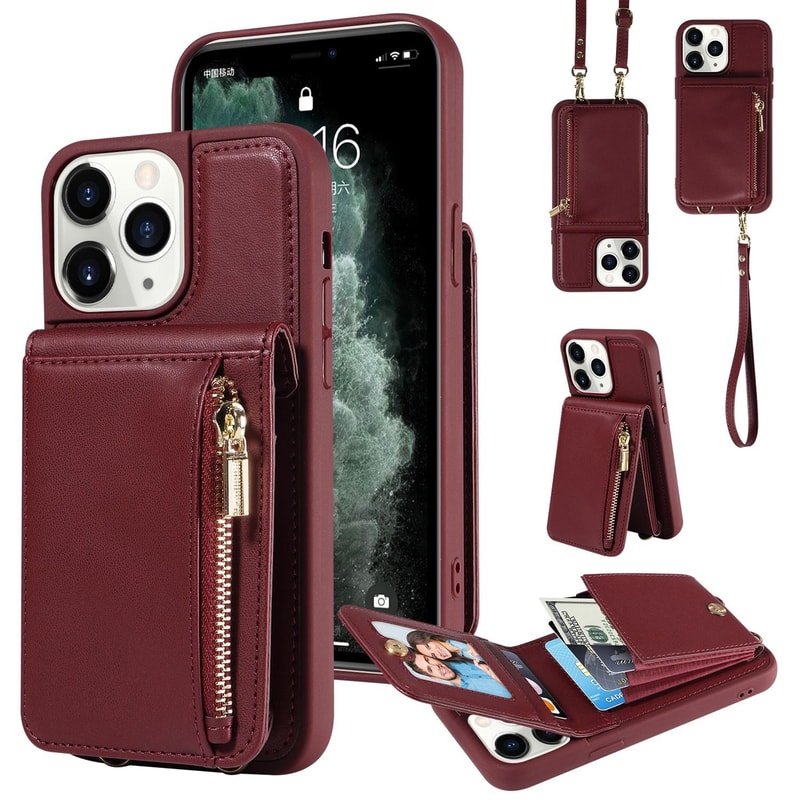 Leather Crossbody iPhone Wallet Case with Zipper Pocket & Lanyard Strap