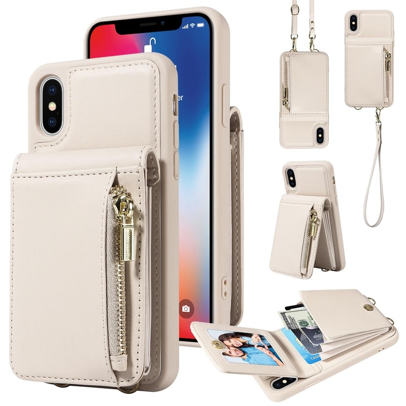 Leather Crossbody iPhone Wallet Case with Zipper Pocket & Lanyard Strap