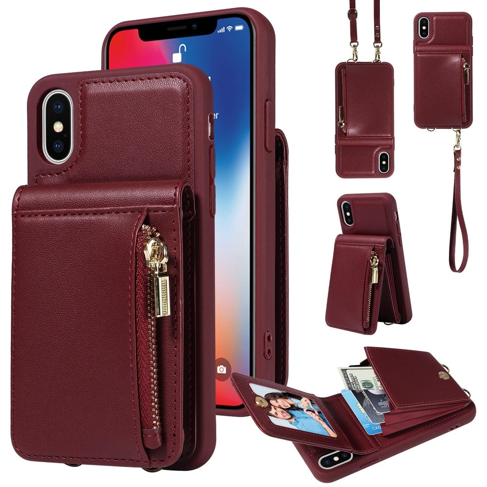 Leather Crossbody iPhone Wallet Case with Zipper Pocket & Lanyard Strap