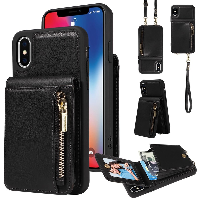 Leather Crossbody iPhone Wallet Case with Zipper Pocket & Lanyard Strap