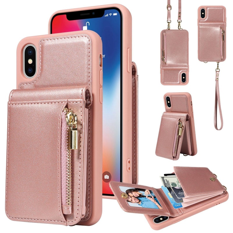 Leather Crossbody iPhone Wallet Case with Zipper Pocket & Lanyard Strap
