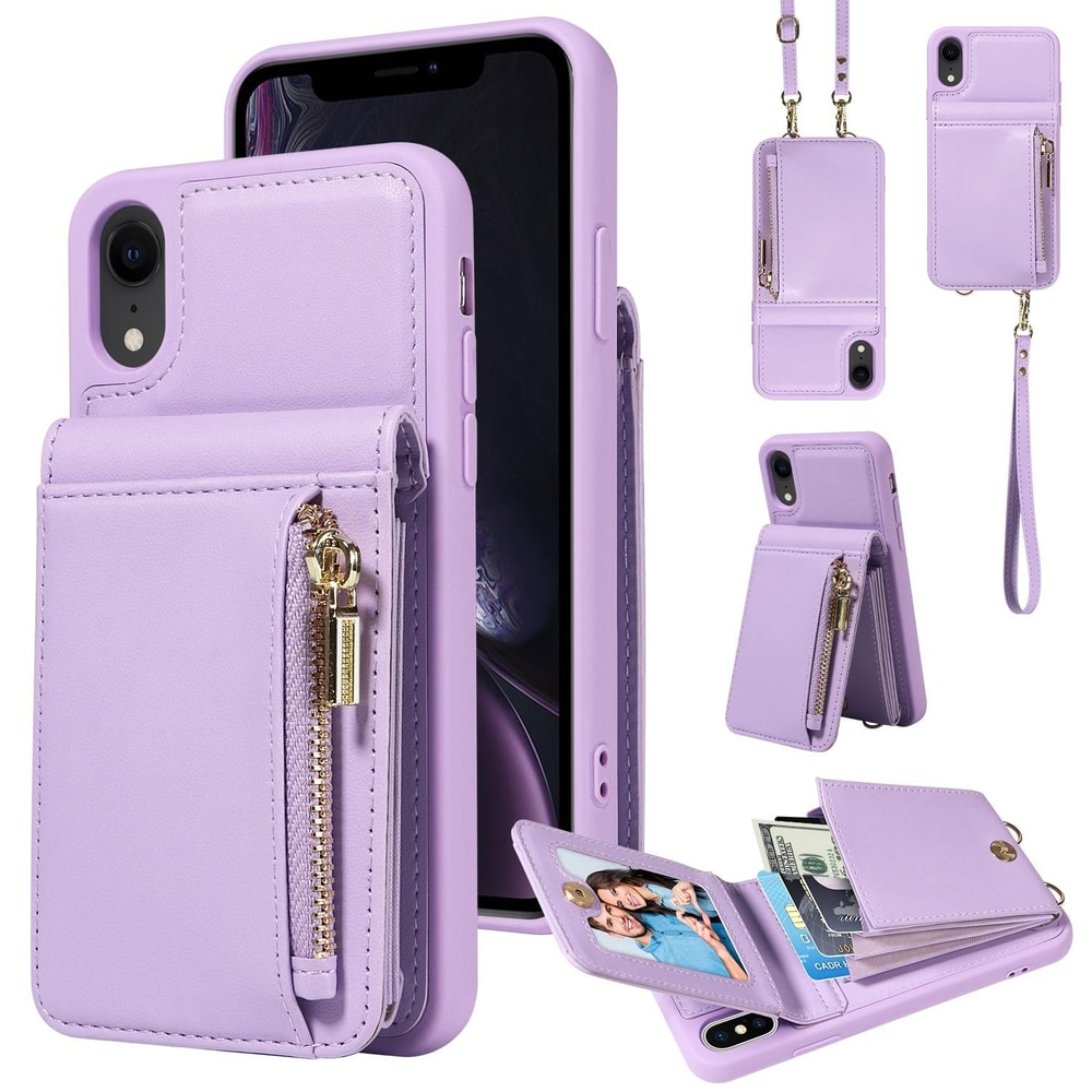 Leather Crossbody iPhone Wallet Case with Zipper Pocket & Lanyard Strap