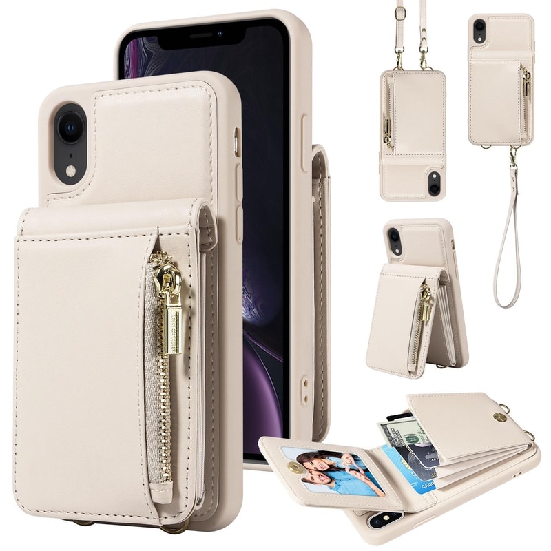 Leather Crossbody iPhone Wallet Case with Zipper Pocket & Lanyard Strap