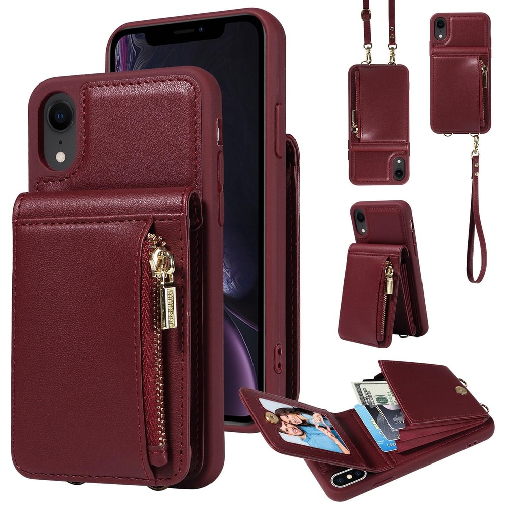 Leather Crossbody iPhone Wallet Case with Zipper Pocket & Lanyard Strap