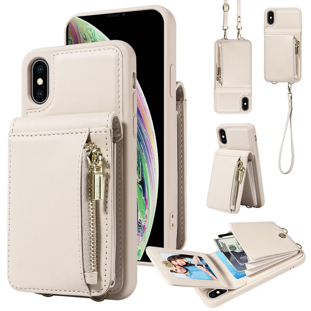 Leather Crossbody iPhone Wallet Case with Zipper Pocket & Lanyard Strap