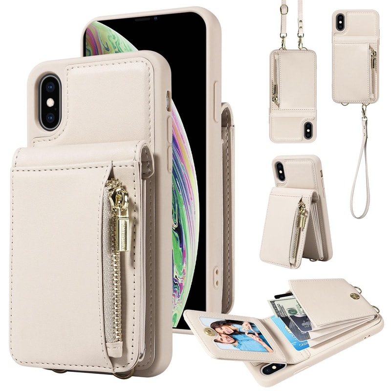Leather Crossbody iPhone Wallet Case with Zipper Pocket & Lanyard Strap