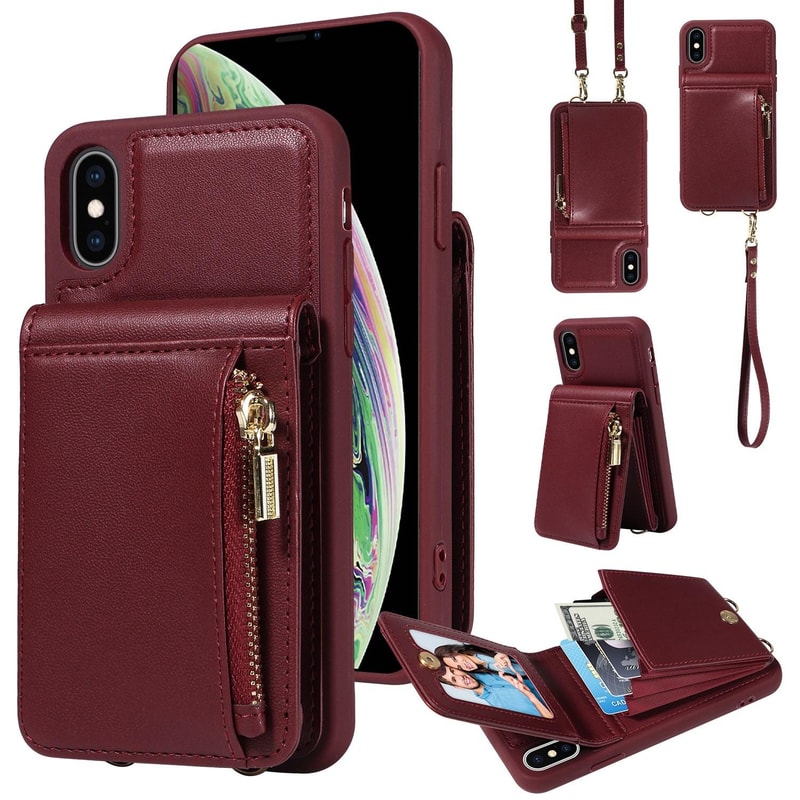 Leather Crossbody iPhone Wallet Case with Zipper Pocket & Lanyard Strap