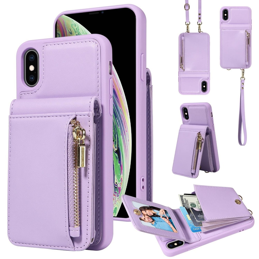Leather Crossbody iPhone Wallet Case with Zipper Pocket & Lanyard Strap