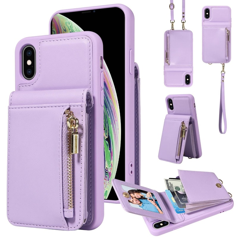 Leather Crossbody iPhone Wallet Case with Zipper Pocket & Lanyard Strap